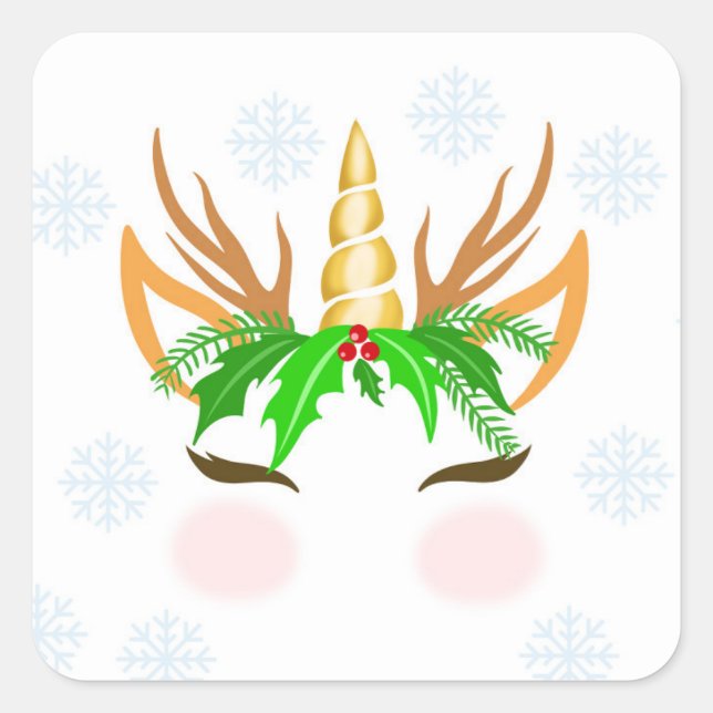 Adesivo Quadrado Rosto de Unicórnio de Natal (Frente)