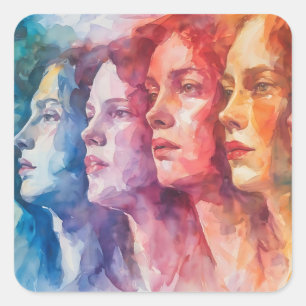 Adesivo Quadrado Rostos femininos - Pintura por aquarela