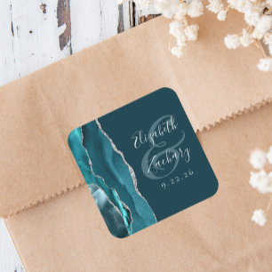 Adesivo Quadrado Roteiro de Geodo de Ágata Azul Teal Prata Casament