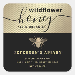 Adesivo Quadrado Roteiro preto moderno de abelha Honey jar Classic