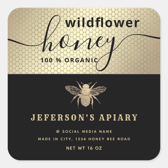 Adesivo Quadrado Roteiro preto moderno de abelha Honey jar Classic  (Frente)