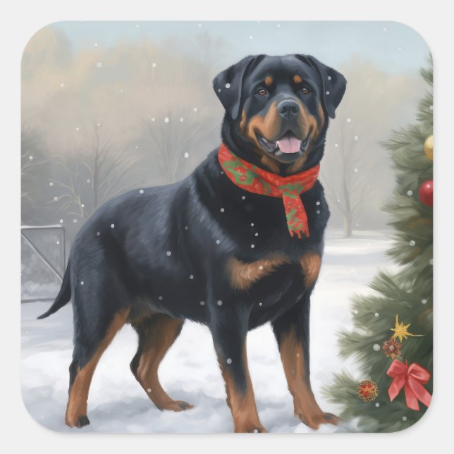 Adesivo Quadrado Rottweiler Cachorro na Neve (Frente)