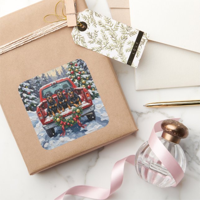 Adesivo Quadrado Rottweiler Christmas Red Truck Holiday (Presentear)