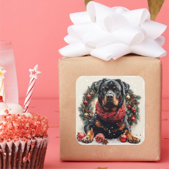 Adesivo Quadrado Rottweiler com Coroa de Natal (Festa)