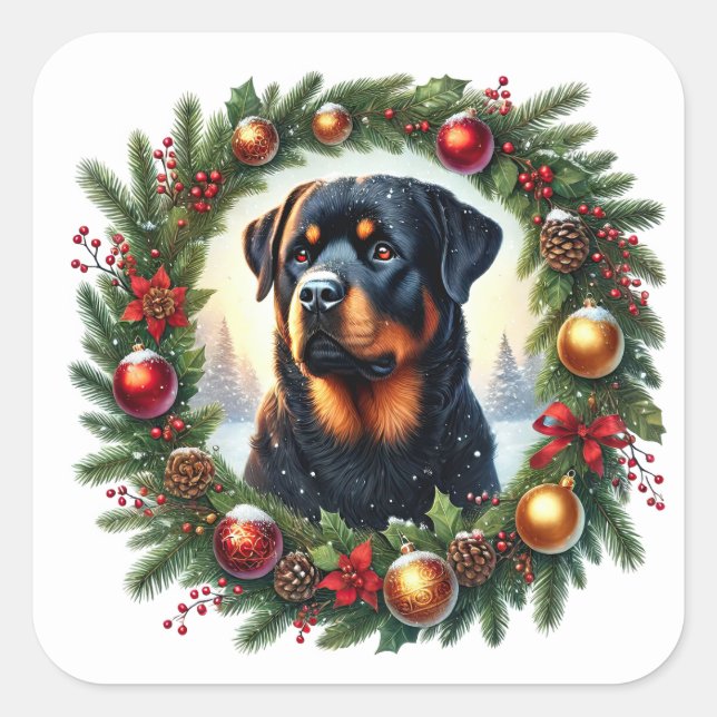 Adesivo Quadrado Rottweiler de Natal em Decoração Festiva (Frente)