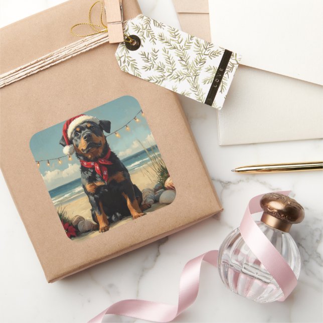 Adesivo Quadrado Rottweiler Dog Christmas Vintage Beach (Presentear)