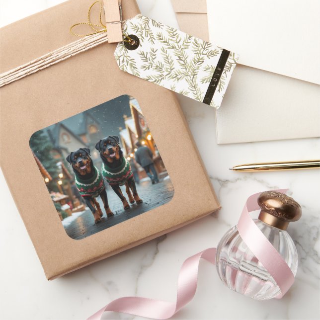 Adesivo Quadrado Rottweiler Dogs Christmas Snow Holiday (Presentear)