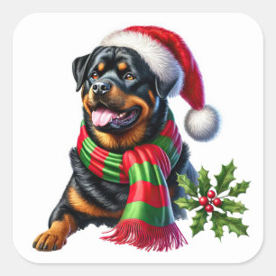 Adesivo Quadrado Rottweiler em um Chapéu de Natal e Escada