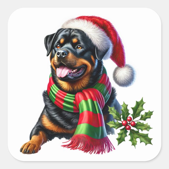 Adesivo Quadrado Rottweiler em um Chapéu de Natal e Escada (Frente)