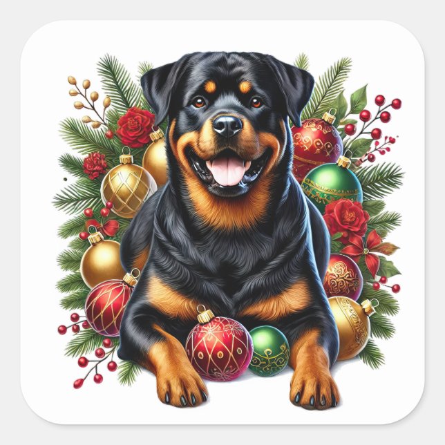 Adesivo Quadrado Rottweiler Entre Enfeites de natal (Frente)