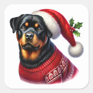 Adesivo Quadrado Rottweiler Natal Vestindo um Suéter Festivo