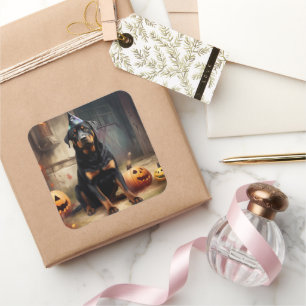 Adesivo Quadrado Rottweiler Pumpkins Halloween Assustado