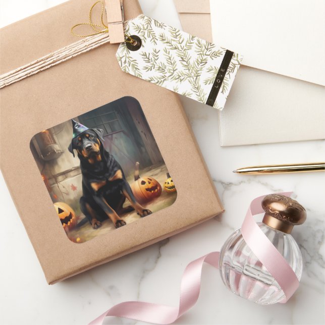 Adesivo Quadrado Rottweiler Pumpkins Halloween Assustado (Presentear)