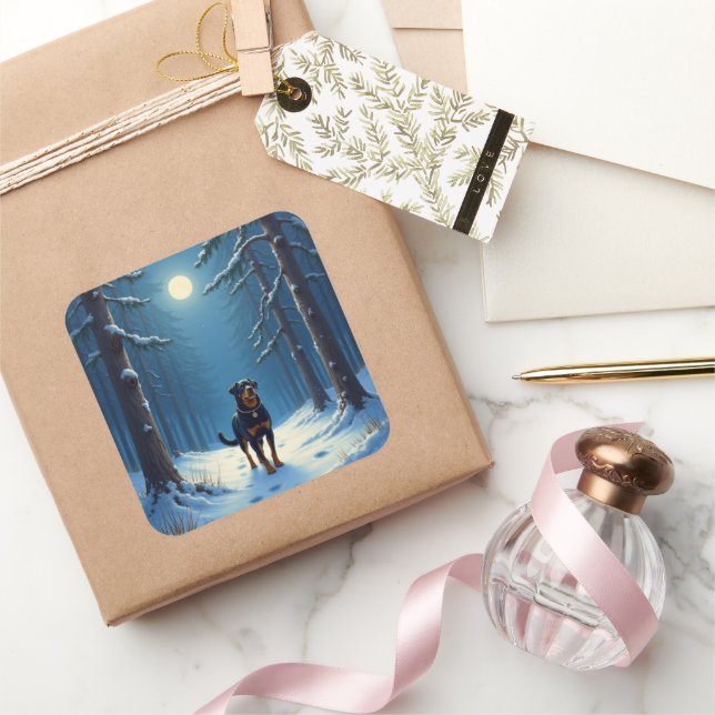 Adesivo Quadrado Rottweiler Starry Forest Hike Christmas Painting (Presentear)