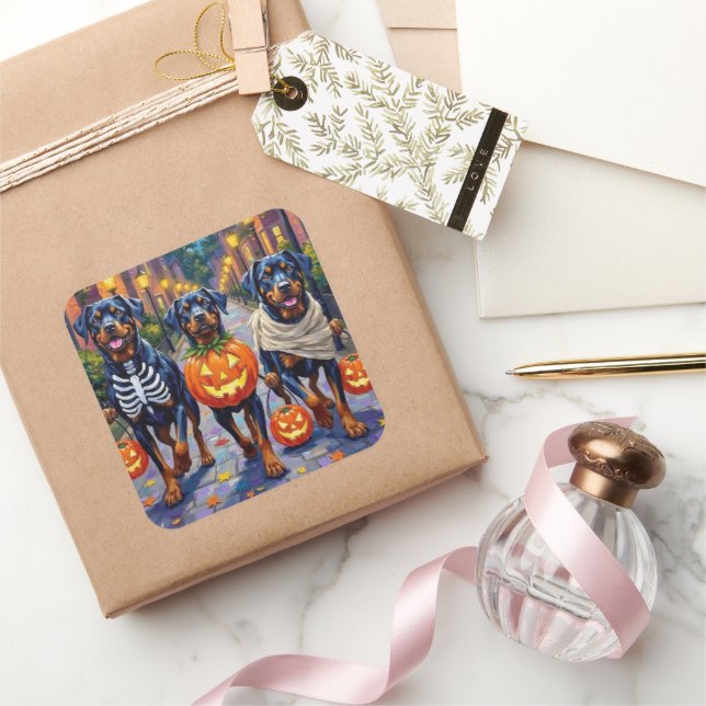 Adesivo Quadrado Rottweiler Trick-or-Treating In Halloween Costumes (Presentear)