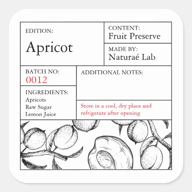Adesivo Quadrado Rótulo Apricot de Apothecary Preto e Branco (Frente)