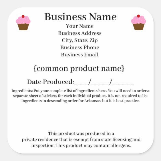 Adesivo Quadrado Rótulo Arkansas Cottage Comida Law / Comida Freedo (Frente)