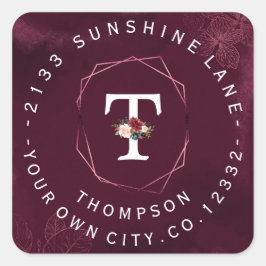 Adesivo Quadrado Rótulo Circular do Monograma Floral Real Burgundy