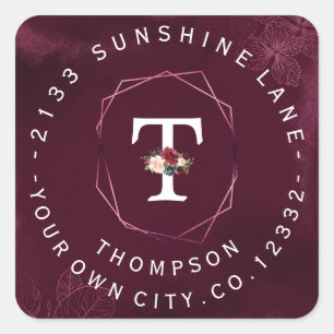 Adesivo Quadrado Rótulo Circular do Monograma Floral Real Burgundy