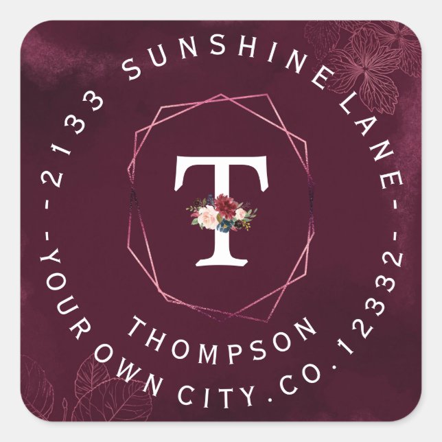 Adesivo Quadrado Rótulo Circular do Monograma Floral Real Burgundy (Frente)