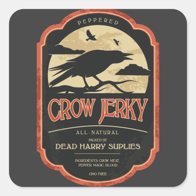 Adesivo Quadrado Rótulo Crow Jerky Vintage Halloween (Frente)