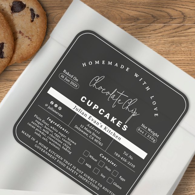 Adesivo Quadrado Rótulo da Lei de Algodão da Padaria Negra Minimali (Minimalist Black Homemade Bakery Cottage Law Label )