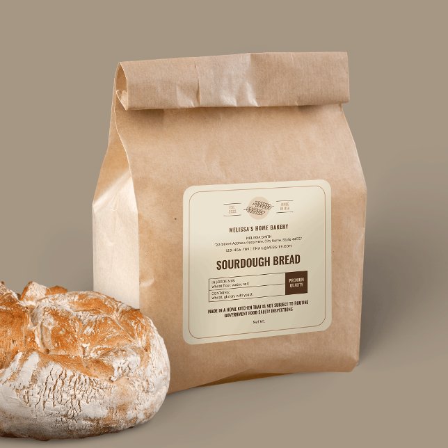 Adesivo Quadrado Rótulo da Lei de Algodão Moderna da padaria de Pão (Neutral beige sourdough bakery cottage law stickers with space for ingredients and allergens)