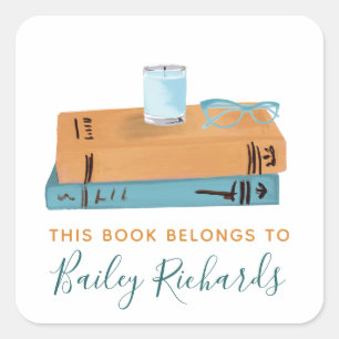 Adesivo Quadrado Rótulo da Pilha de Livros e Óculos
