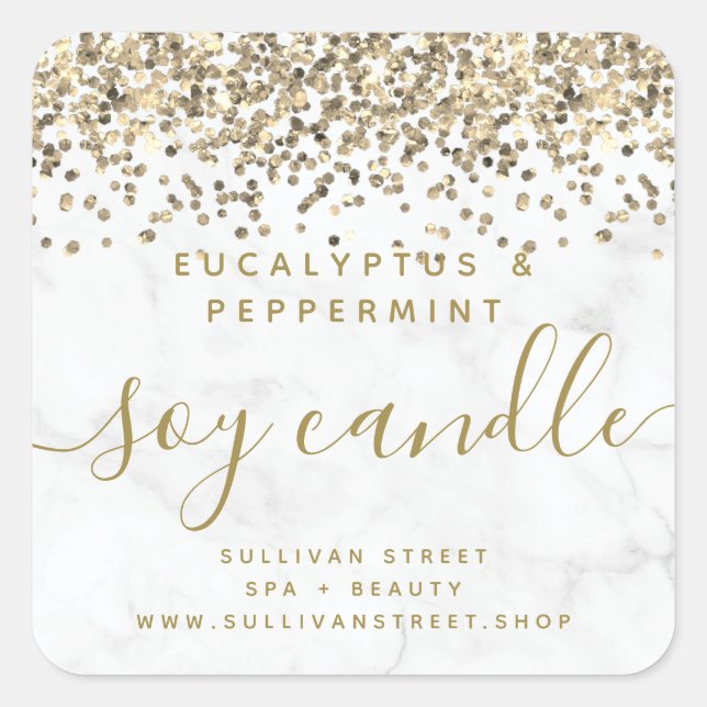 Adesivo Quadrado Rótulo da Vela de Soja do Mármore Dourado com bril (Frente)