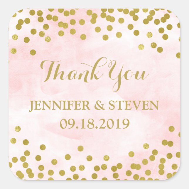 Adesivo Quadrado Rótulo de Casamento Confetti Dourado com Aquarela  (Frente)