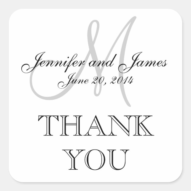 Adesivo Quadrado Rótulo de Casamento do Monograma Branco da cinza (Frente)