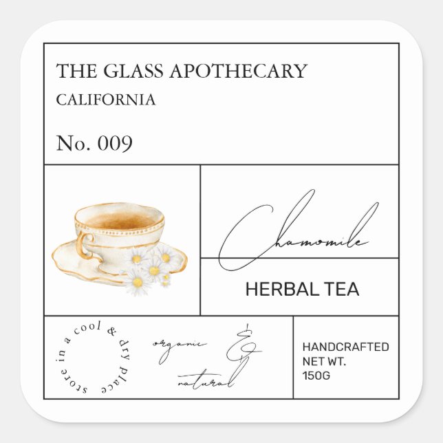 Adesivo Quadrado Rótulo de Chá Herbal do Camomile (Frente)