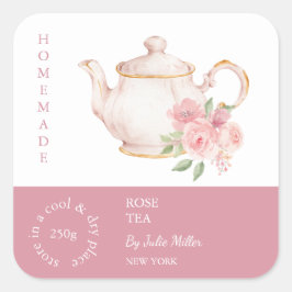 Adesivo Quadrado Rótulo de Chá Rosa Teapot