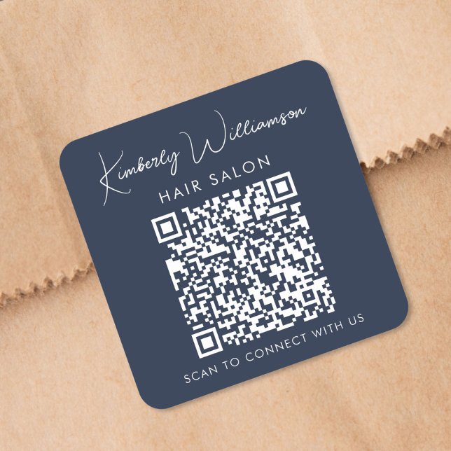 Adesivo Quadrado Rótulo de Código QR de Script de Assinatura de Nom (Business Name Signature Script QR Code Promotional Square Sticker)