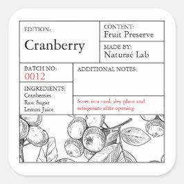 Adesivo Quadrado Rótulo de Cranberry da Farmácia Preto e Branco