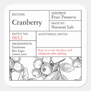 Adesivo Quadrado Rótulo de Cranberry da Farmácia Preto e Branco