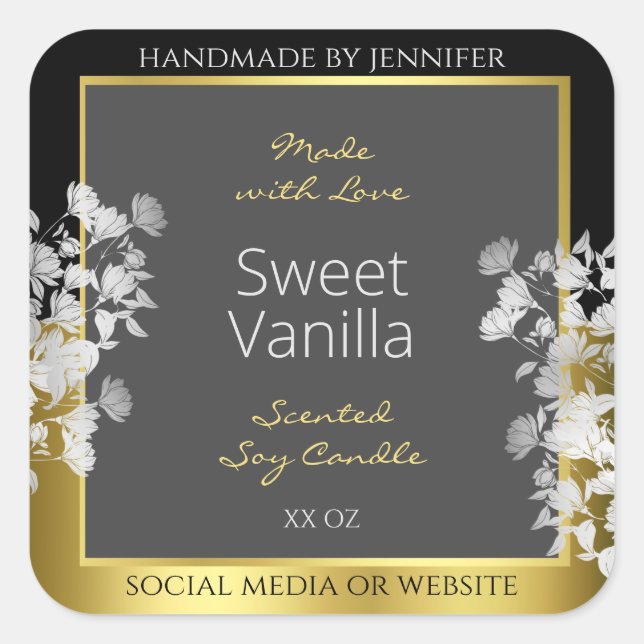 Adesivo Quadrado Rótulo de embalagem do produto Floral Dourado e Ci (Frente)