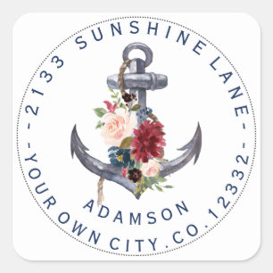 Adesivo Quadrado Rótulo de Endereço Circular de Âncora Floral Cor-d