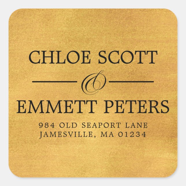 Adesivo Quadrado Rótulo de Endereço de Devolução de Casamento Doura (Frente)