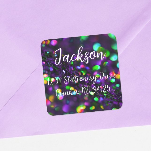 Adesivo Quadrado Rótulo de Endereço de Espumante Roxo Escuro (Criador carregado)