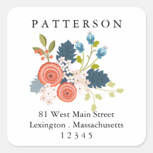 Adesivo Quadrado Rótulo de Endereço de Retorno de Jardim Floral de 