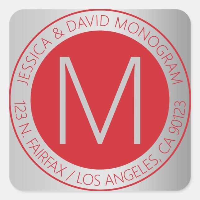Adesivo Quadrado Rótulo de Endereço de Retorno do Red & Faux Silver (Frente)
