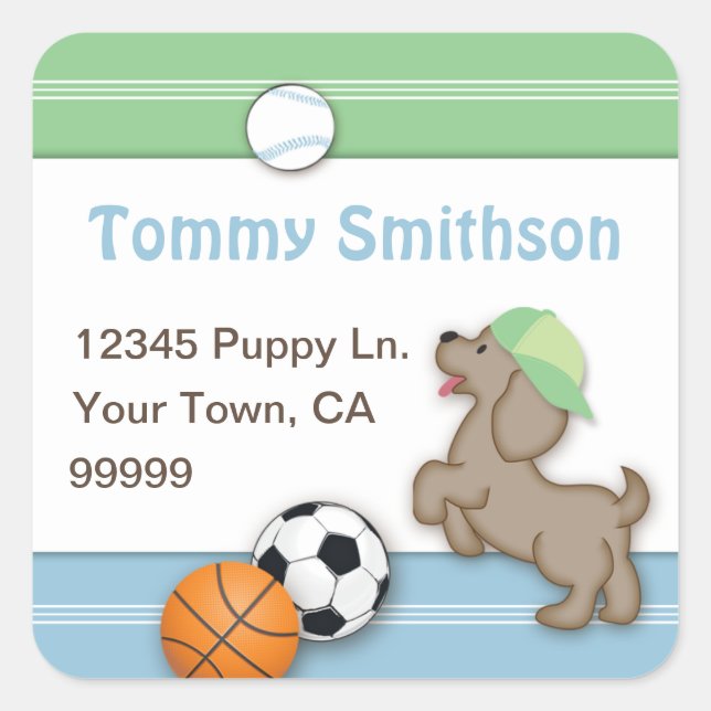 Adesivo Quadrado Rótulo de Endereço Personalizado do Sporty Puppy (Frente)
