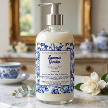 Rótulo de Frasco de Cosméticos Floral Azul e Branc