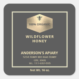 Adesivo Quadrado Rótulo de frasco de mel de abelha de ouro moderno
