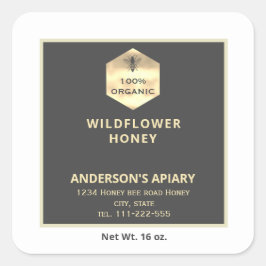 Adesivo Quadrado Rótulo de frasco de mel de abelha de ouro moderno