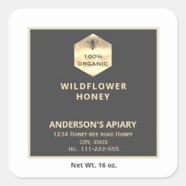 Adesivo Quadrado Rótulo de frasco de mel de abelha de ouro moderno