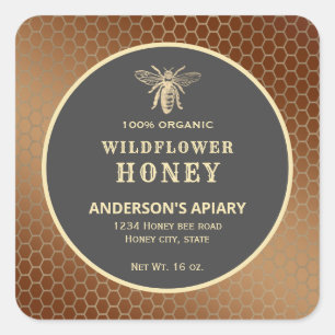 Adesivo Quadrado Rótulo de frasco de mel de abelha de ouro moderno