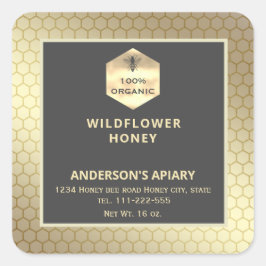 Adesivo Quadrado Rótulo de frasco de mel de abelha de ouro moderno