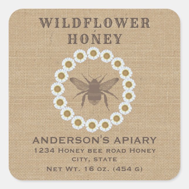 Adesivo Quadrado Rótulo de frasco de mel de abelha floral rústica e (Frente)